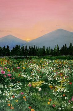 a painting of a field with flowers and mountains in the background