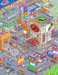 an illustrated city with lots of people and vehicles