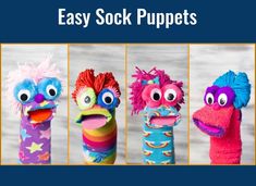 four colorful stuffed animals are lined up next to each other with the words easy sock puppets