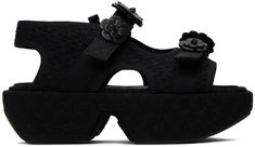 Cotton-blend matelassé flat sandals in black. · Open square toe · Velcro straps at vamp · Grained leather floral appliqués at vamp · Bungee-style drawstring at collar · Cutout at sides · Textile logo patch at leather footbed · Covered platform midsole and heel · Foam rubber outsole · Platform: H2 in · Heel: H2 in Supplier color: Black Cecilie Bahnsen, Floral Sandals, Mid Heel Sandals, Textile Logo, Leather Floral, Embellished Sandals, Velcro Straps, Flat Sandals, Black Sandals