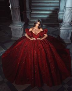 Red Ballgown Dress, Quinceanera Dresses Dark Red, Dark Red Ball Gown, Dark Red Quinceanera Dresses, Quince Planning, Sequins Wedding Gown, Quince Stuff, Red Wedding Gowns, Xv Dresses