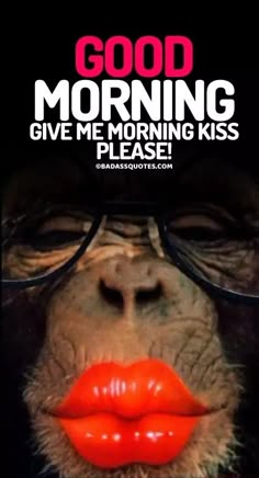 a monkey wearing glasses with red lipstick on it's lips and the words good morning give