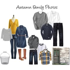 an autumn family photo with clothes, shoes and sweaters on the white boarder