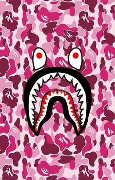 a pink camo wallpaper with a shark's mouth and teeth on it