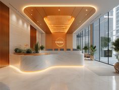 an office lobby with white marble counter tops and planters on the wall, along with large windows