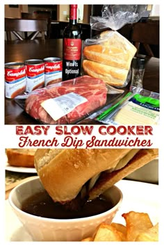 an easy slow cooker french dip sandwich is shown in this collage with the ingredients