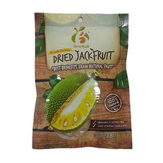 dried jackfruit fruit is shown on a white background with green leaves around it