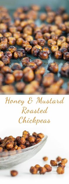 honey and mustard roasted chickpeas in a metal spoon with the title above it