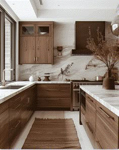 a kitchen with marble counter tops and wooden cabinets, along with a rug on the floor