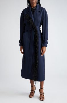 Cinq à Sept Tillie Feather Belted Trench Coat | Nordstromrack Belted Trench Coat, Fringe Trim, Blazer Jacket, Nordstrom, Trim, Blazer, Navy, Clothes For Women