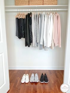 an organized closet with shoes and clothes hanging on the rail, next to a wicker basket