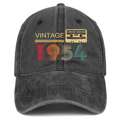 a gray hat with the words vintage on it and an image of a cassette player