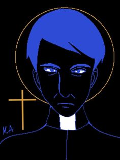 a drawing of a man with blue hair and a cross on the side of his head