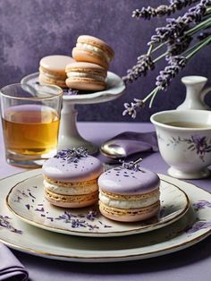 lavender macaroons and tea on a plate