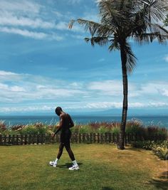 a man walking across a lush green field next to a palm tree and the ocean