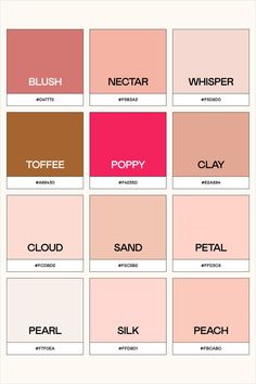 different shades of pink and brown with the words peach, toffee, poppy, sand