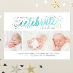 a birth announcement with stars and confetti on the bottom, and an image of a baby's first year