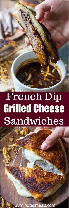 french dip grilled cheese sandwiches are the perfect appetizer