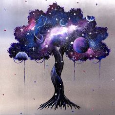 an artistic painting of a tree with planets and stars on it's branches, as if in the night sky