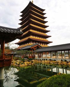 a tall building sitting next to a pond in front of a lush green forest filled with trees