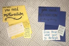 two pieces of paper with writing on them and sticky notes attached to the side of each piece