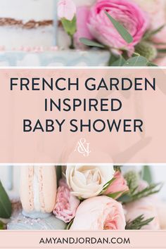 french garden inspired baby shower with pink flowers and greenery on the bottom right side