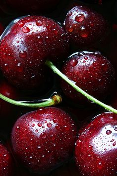 some cherries with water droplets on them