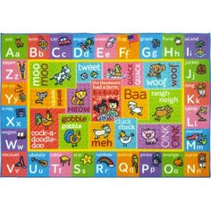 children's rug with colorful alphabets and animals on the front, in various colors