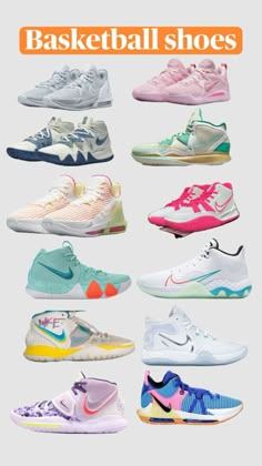 the nike basketball shoes are all in different colors and sizes, including pink, blue, yellow