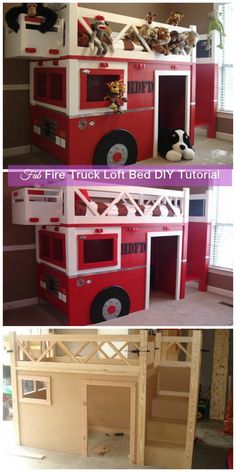 there are two pictures of a red fire truck bed and bunk beds in the same room