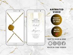 the save the date card is shown on an iphone with gold foil and white marble background