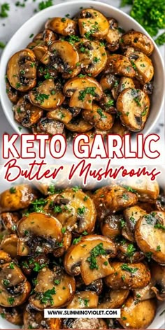 keto garlic butter mushrooms in a white bowl