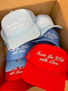 From the USA with love!  The perfect hat to rock all summer long! Vintage Trucker Hat For Summer Beach, Fun Summer Baseball Cap With Flat Bill, Summer Fun Snapback Hat With Flat Bill, Fun Summer Snapback Hat With Flat Bill, Fun Snapback Hat With Flat Bill For Summer, Vintage Snapback Hat For Beach In Summer, Vintage Snapback Hat For Summer Beach, Vintage Summer Snapback Hat With Short Brim, Fun Flat Bill Hats For Summer