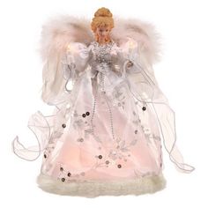 an angel figurine with white wings and pink dress on it's chest