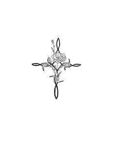 a black and white drawing of a cross with roses on it's sides, surrounded by barbed wire