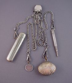 an assortment of silver items including a shell, pen and chain on a gray background