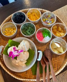 an assortment of different foods in bowls on a tray