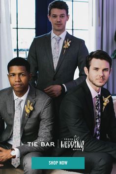 three men in suits are posing for a wedding photo with the words tie bar on it