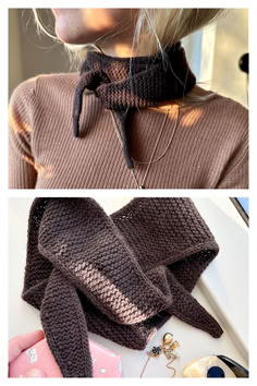 there is a woman wearing a brown sweater with a scarf around her neck, and another photo of the same person's clothing