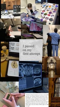 a collage of pictures with people working on laptops and other things in the background