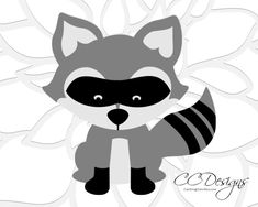 a raccoon is sitting in front of a white background with leaves and flowers