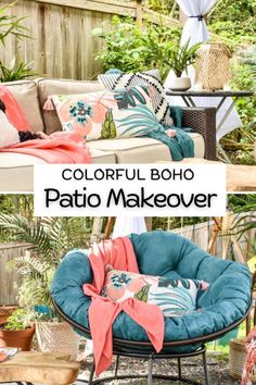 colorful boho patio makeover with lots of pillows and blankets on the couches