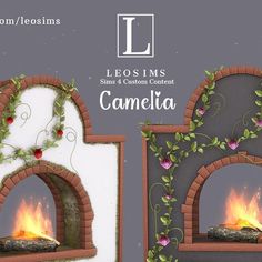 an image of a fire place with flowers and vines on the outside, along with text that reads leosims sin's custom content camellia