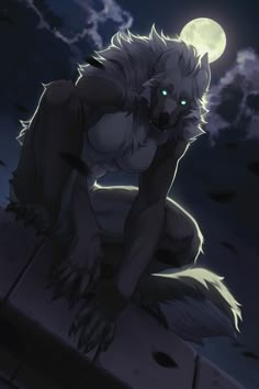 a wolf with glowing eyes sitting on a ledge