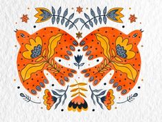 an orange and blue floral design with leaves, flowers, and dots on white paper