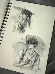 two drawings of people with umbrellas in their hands