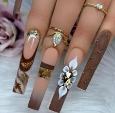 Fall Long Nails, Unique Acrylic Nails, Bling Acrylic Nails