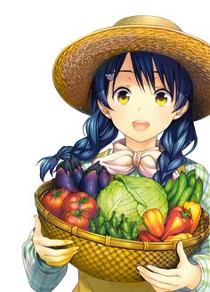 an anime character holding a basket full of vegetables