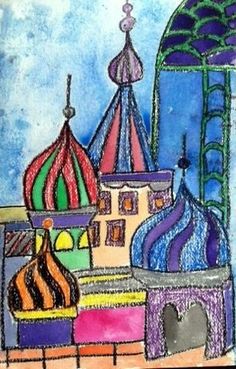 a drawing of some buildings with domes on them