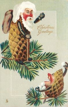 an old fashioned christmas card with santa and pine cones